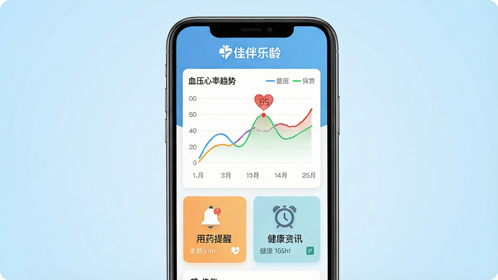 ���壺�ֻ���Ļչʾ���Ѱ����䡱�����������棬������ʾѪѹ������������ͼ���·��С���ҩ���ѡ���������Ѷ����ڿ�Ƭ�����֣��ֻ����У���Ļ��������ͻ��������Ϊ����ǳ��ɫ���䣬Ӫ������רҵ�ķ�Χ���Ű棺�ֻ�����չʾ������UIԪ���������򣬸����ܿ�Ƭ������ȡ�����ִ���ƽ�廭��дʵ��ϣ�ɫ���������죬ͻ�����ݿ��ӻ���ϸ�ڣ���Ļ�ϵġ��Ѱ����䡱Logoλ�ڶ�����ͼ���ò�ͬ��ɫ�������֣���ҩ���ѿ�Ƭ������ͼ�꣬���廭��ɾ������ʣ��������ȣ��޶���Ԫ�ء�