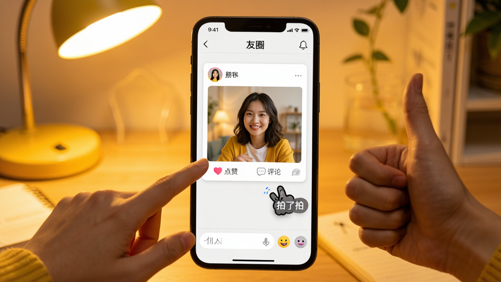 ͼƬ����Ϊ�ֻ����棬չʾ����Ȧ��APP�Ļ������촰�ڣ������а���һ����̬��Ƭ����Ƭ���к��ѷ�������Ƭ���·��С����ޡ��͡����ۡ�ͼ�꣬�Լ��������ġ��Ķ���Ч������Ļ�·��������ͱ��鰴ť���ֻ�����ֱ�����ֻ�֣���ߵ��ֵ����Ļ���ұߵ��������Ĵָ������Ϊů��ɫ�ƹ��µ������������Χ��ܰ���ã�ϸ�ڷḻ�����ʸ��壬�ɾ��޶���Ԫ�ء�