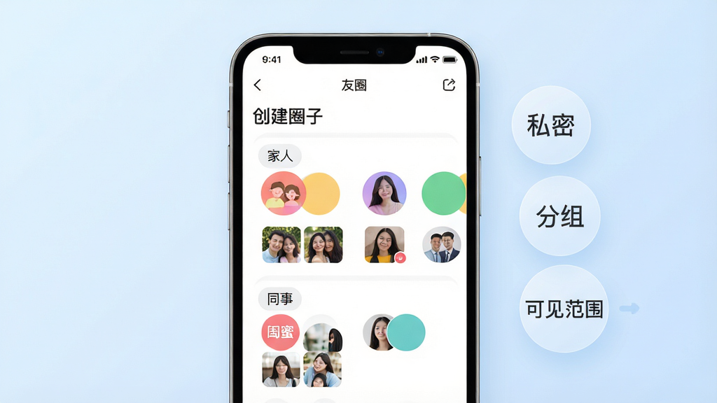 ͼƬ����Ϊһ�������ֻ��������棬��Ļ������ʾ����Ȧ��APP�ġ�����Ȧ�ӡ�ҳ�棬ҳ�����ж����ɫԲ�κ���ͷ����飬���硰���ˡ��������ۡ�����ͬ�¡���ÿ���������м���С��Ԥ��ͼ���ֻ��Ҳ������ż�����͸����Բ�α�ǩ��д�С�˽�ܡ������顱���ɼ���Χ������������Ϊ����ɫ���䣬������ͣ����ּ���ִ���UI��Ʊ�ƽ����ͼ��Բ�󣬻��ʸ��壬�ɾ��޶���Ԫ�أ�ͻ��˽���罻���ܡ�