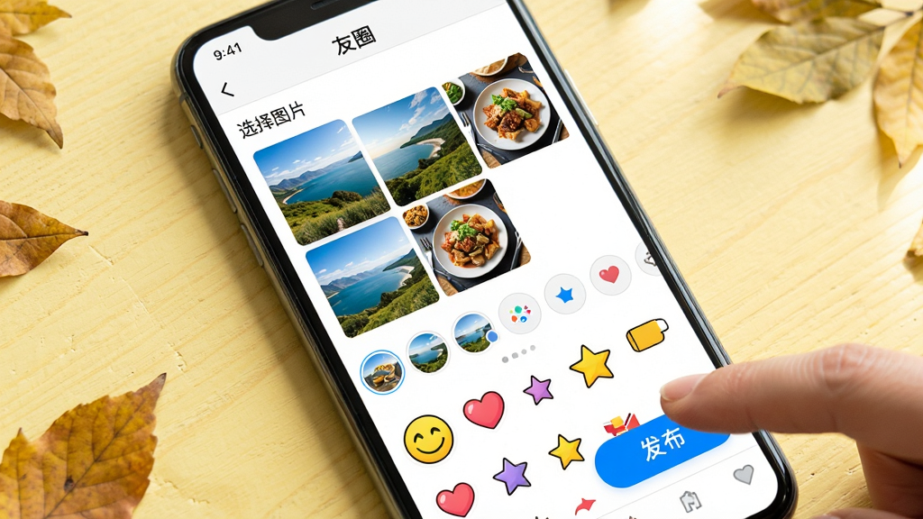 ͼƬ����Ϊ�ֻ���Ļ��д����Ļ��չʾ����Ȧ��APP�Ķ�̬�����༭ҳ�������Ϸ��С�ѡ��ͼƬ������չʾ�˼������з羰������ʳ�գ��·����˾�ѡ��������ֽѡ����壬��ֽ����Ц�������ġ����ǵ�ͼ������Ļ�Ҳ���һ֧��ָ���ڵ������������ť����ťΪ��ɫ������Ϊǳ��ɫľ�����棬ɢ���ż�Ƭ��Ҷ������������Ȼ������ɫ�ʷḻ��ϸ�����������ʸ��壬�ɾ��޶���Ԫ�ء�