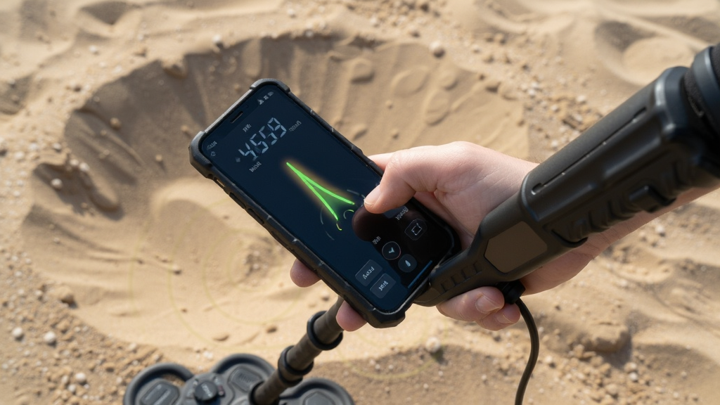 ����Ϊһ�Ų���Metal Detector�ĳ���ͼ���ֳ��ֻ��ڻ���ɳ���Ͻ���ɨ�裬�ֻ���Ļ��ʾ���������źţ���������΢���ݵ�ɳ�ӡ������Բ��ӽǹ�ͼ��չ���ֻ������ĽǶȡ��Ű���Ȼ�����Ϊдʵ��Ӱ���ϸ�ڰ�����Ļ�ϵ�������ɳ���ʸУ����������ɾ����޶���Ԫ�ء�