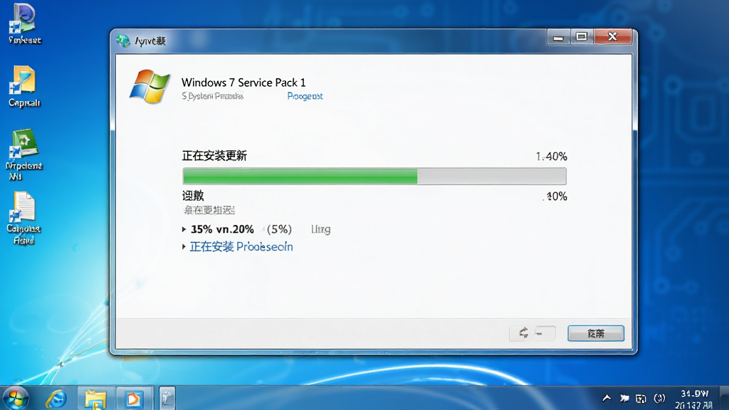 Windows 7 Service Pack 1 系统更新界面展示,主体为电脑屏幕显示安装进度条,背景为蓝色科技感桌面,布局居中,风格写实清晰,细节包括进度百分比和“正在安装更新”文字,画质高清干净无多余元素