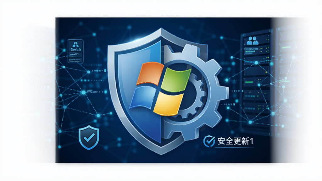 Windows 7 Service Pack 1 安全防护概念图,主体为盾牌图标与系统齿轮结合,背景为深蓝色数字网络,布局和谐,风格科技感,细节有“安全更新”字样,画质干净无多余元素