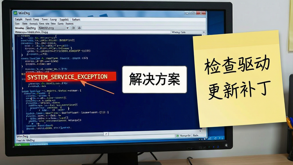 ���壺һ̨������Ļ��ʾ WinDbg �����������󣬽����и�����ʾ��SYSTEM_SERVICE_EXCEPTION�����Ա��С�����������ı��򡣲��֣������ WinDbg ���ڣ��Ҳ��Ǳ�ǩֽ��д�š�����������������²��������Ű棺�Ա�������ͻ�������������񣺽����ԡ�������ϸ�ڣ���Ļ�ϵĴ���ʹ�����Ϣ�����ɼ�����ǩֽ������д�ʼ������ʣ����壬�ɾ����޶���Ԫ�ء�