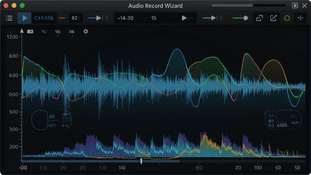 ����ΪAudio Record Wizard¼��ʱ�Ĳ�����Ƶ�׽��棬չʾ��̬��Ƶ���ߣ����ֹ������Ű�רҵ�����Ƽ���ϸ�ڰ���ʱ�����������̶ȣ����ʸ��壬�޶���Ԫ��