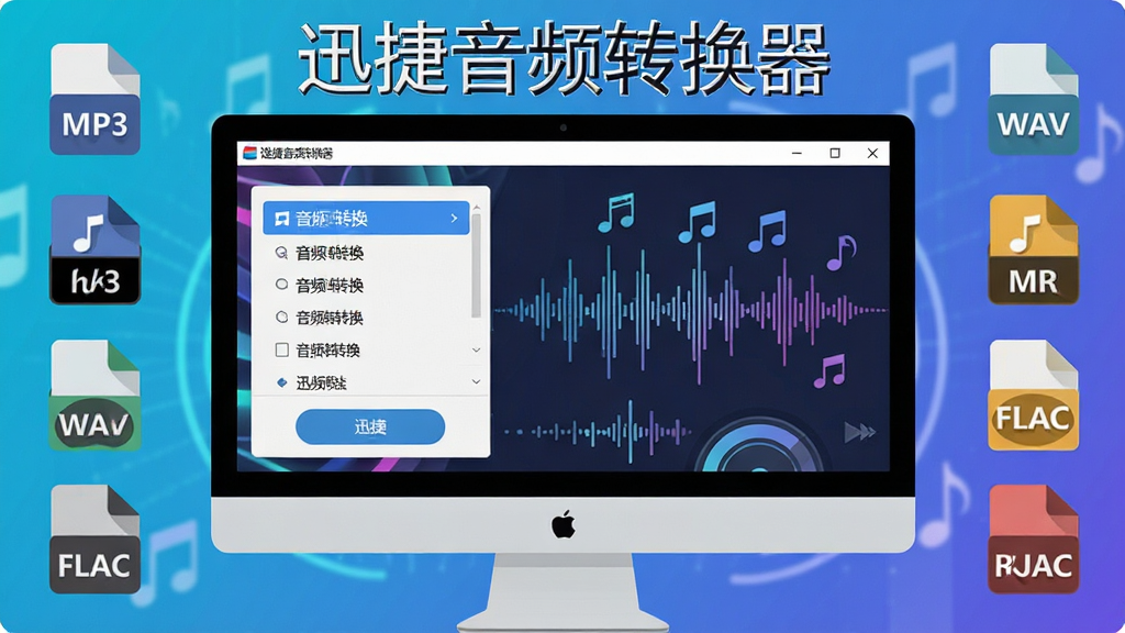 主体:电脑屏幕中展示迅捷音频转换器主界面,界面内有音频格式转换选项列表,旁边有音乐波形图案,布局:电脑屏幕在画面中心,左右两侧有各种音频格式图标(MP3、WAV、FLAC等),排版:整体平衡协调,上方有“迅捷音频转换器”文字标题,风格:现代扁平化、科技感,细节:界面按钮清晰可见,音乐元素带有律动感,画质:高清、干净、无多余元素。