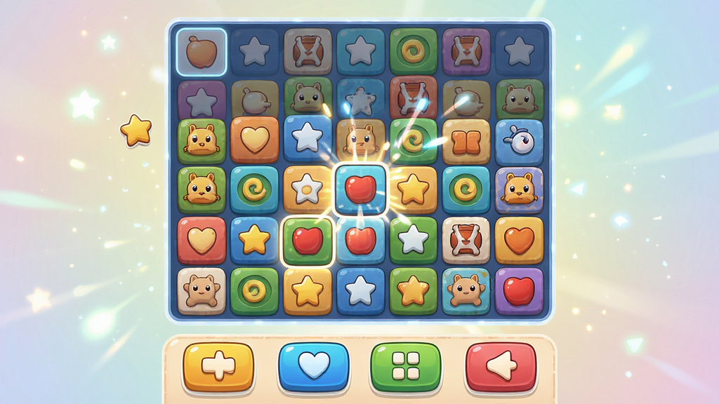 主体:Tile Match游戏主界面,展示色彩缤纷的瓷砖方块排列与消除特效。布局:游戏牌面居中,清晰显示各种图案的方块叠放,下方为操作按钮区。排版:界面整洁有序,方块大小适中,图案清晰可辨。风格:卡通休闲风,色彩明亮鲜艳,整体氛围轻松愉悦。细节:牌面有高亮选中效果,背景点缀柔和光效,画面干净无多余元素。画质:高清细腻,细节丰富,整体画面干净无多余元素。
