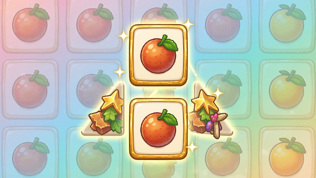 主体:Tile Match游戏画面,展示三张相同水果图案的方块正在被选中亮起。布局:游戏牌面中央,三张相同方块呈三角排列,周围其他方块半透明处理。排版:画面重点突出被选中的三张牌,其他元素弱化。风格:清新卡通风格,色彩明快。细节:选中方块带金色描边和闪光特效,背景为柔和渐变。画质:高清渲染,画面干净无多余元素,突出“三消”乐趣。