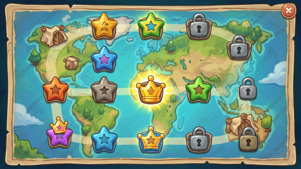 主体:Tile Match关卡选择地图界面,显示多个星星标记的关卡节点。布局:地图纵向延伸,节点用不同颜色表示通关状态,当前关卡高亮。排版:地图清晰流畅,节点排列错落有致。风格:卡通手绘风格,地图背景精美。细节:已通关节点有金色皇冠,未解锁节点有锁图标,画面元素丰富有序。画质:高清精细,画面干净无多余元素。