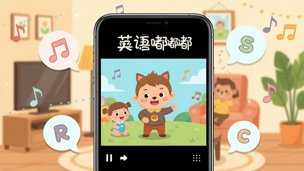一张英语嘟嘟App内容资源展示图,主体为手机屏幕中播放卡通儿歌动画,周围漂浮着音符和字母气泡,背景为温暖的家庭客厅场景,画面采用扁平插画风格,色彩柔和,文字