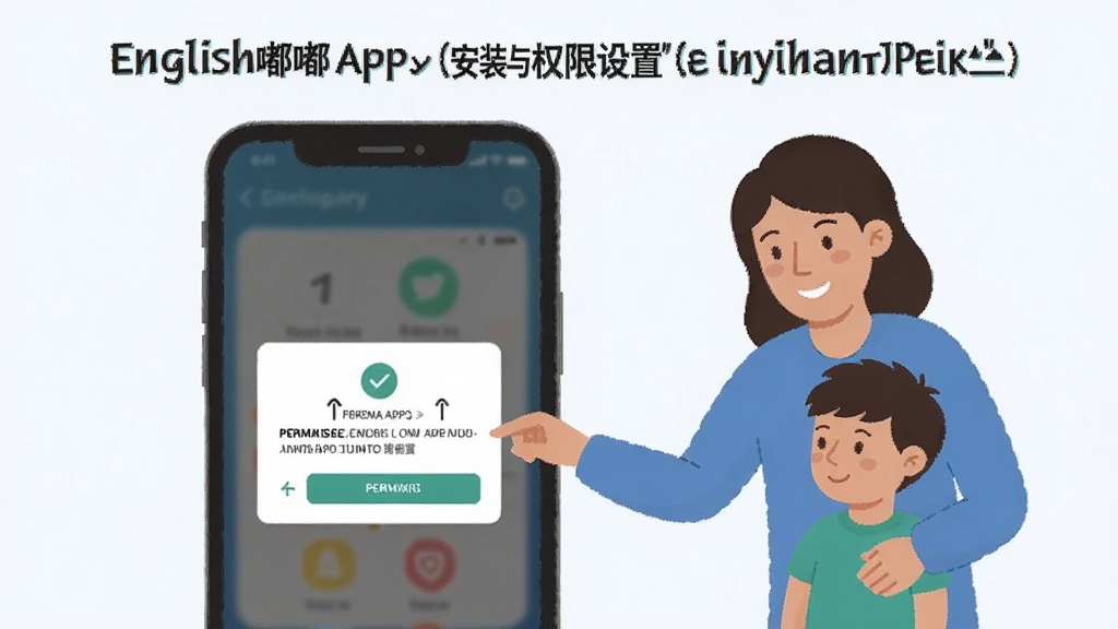 一张演示英语嘟嘟App安装与权限设置的教程图,主体为手机屏幕显示权限弹窗,旁边有家长指导孩子的插画,背景简洁,采用半扁平化风格,文字标注清晰,画质干净,无多余元素