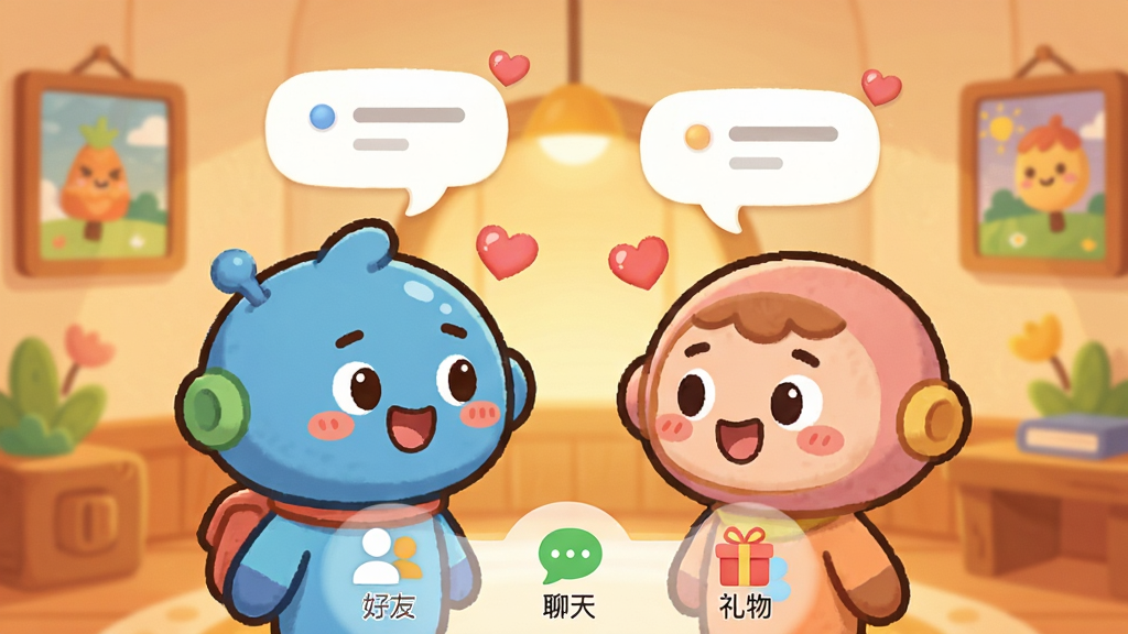 ��������ΪԪ�������罻���棬������ͨ��ɫ�����վ��һ��ͷ��ð���Ի����ݺͰ���ͼ�ꡣ���ֲ���ƽ���ӽǣ���������ܰ�������԰���Ű��࣬�����·��С����ѡ��������족���������ͼ�ꡣ���ɰ����ã�ɫ����ů��ϸ�ڰ�����ɫ����ḻ�ͱ���ǽ�ϵ�װ�λ��������������ɾ��޶���Ԫ�ء�