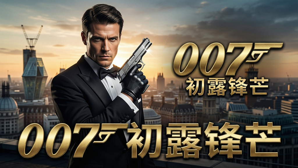 主体:一位身穿黑色燕尾服的帅气特工,手持手枪,站在现代都市的摩天大楼顶层,背景是夕阳下的伦敦天际线。布局:特工位于画面中央偏左,右侧留出空间给游戏Logo“007初露锋芒”文字。排版:画面下方三分之一处放置游戏标题,字体为金色金属质感,紧凑有力。风格:写实电影感,光影对比强烈,呈现紧张悬疑的氛围。细节:特工眼神坚毅,西装细节精致,手枪有金属反光,背景建筑清晰可见。画质:8K超高清,画面干净,无多余元素。