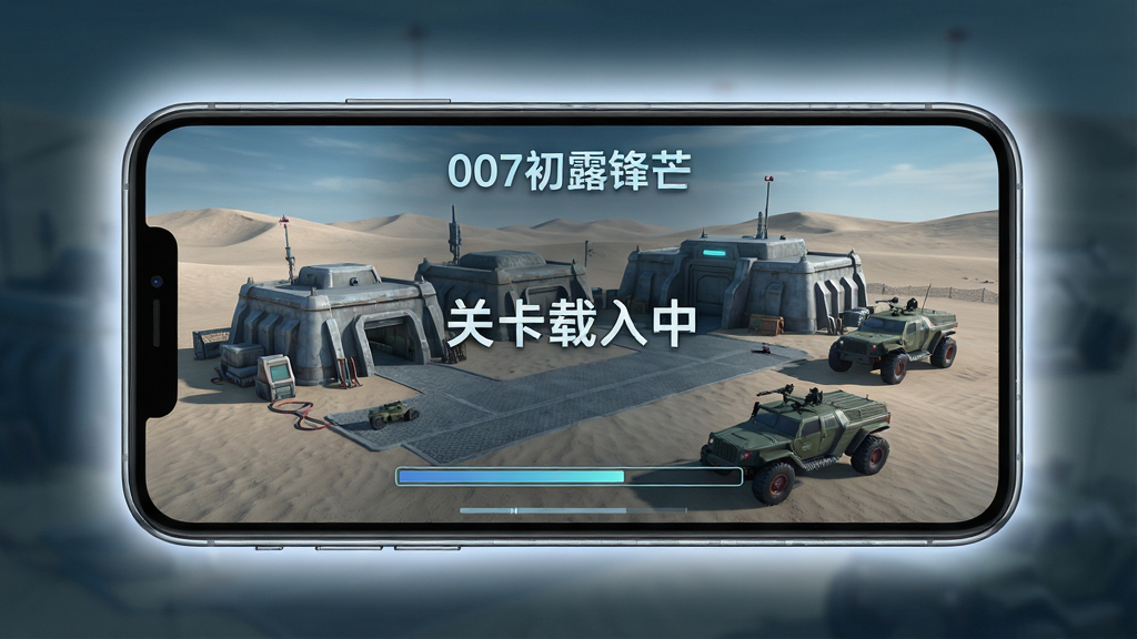 主体:智能手机横屏显示游戏画面,屏幕上出现“关卡载入中”的界面,背景是沙漠中的秘密基地。布局:手机位于画面中央,屏幕内容清晰可辨,周围有柔和的光晕。排版:屏幕上方显示“007初露锋芒”字样,下方是进度条。风格:科技感与神秘感结合,冷色调为主。细节:手机边框金属质感,屏幕画面细腻,基地建筑与车辆模型精致。画质:高清,画面干净,无多余元素。