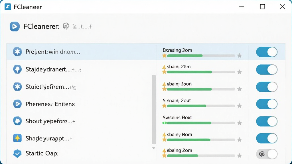 FCleaner�������������Ԥ��������Ϊ�������б��뿪�ذ�ť�����������Ű��࣬�����ˬǳɫϵ��ϸ�ڰ���Ӱ��������������ʸ���ɾ����޶���Ԫ��