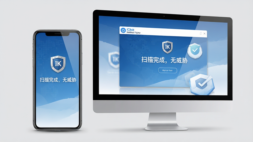 ���壺һ���ֻ���һ̨���Բ��ţ���Ļ�϶���ʾIObit Malware Fighterɨ����档���֣��ֻ����󣬵������ң�����Ϊǳ��ɫ���Ű棺�豸��Ļ���С�ɨ����ɣ�����в����������񣺼���ִ����������ɫ��ϸ�ڣ���Ļ���⣬��Ӱ��Ȼ�����ʣ�4K���壬�ɾ����޶���Ԫ��