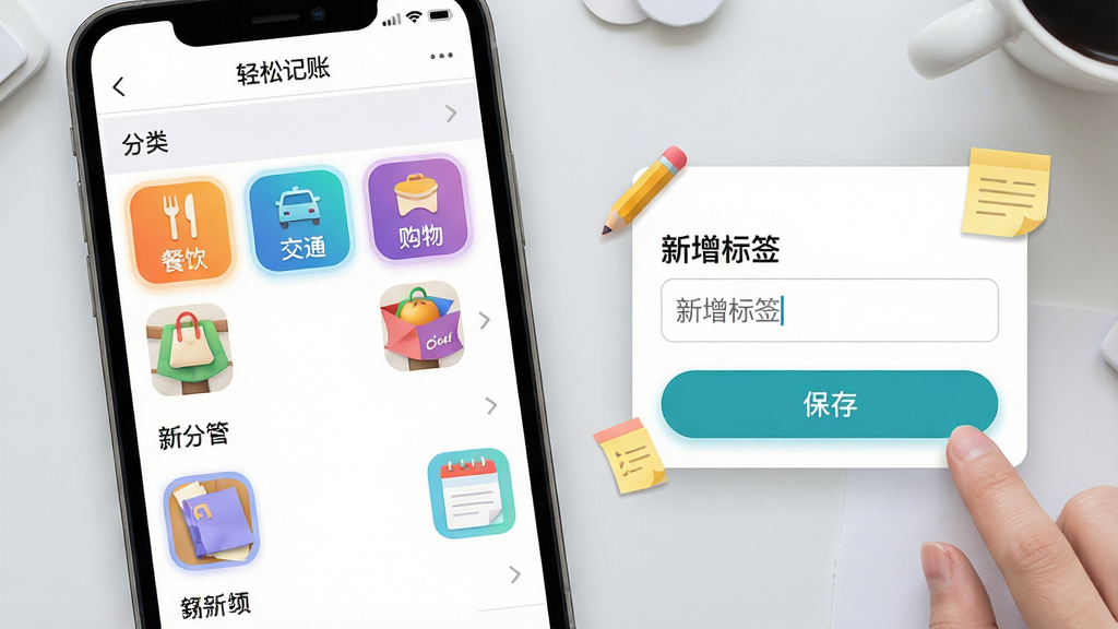 ���壺���ɼ���App�ķ�����������ͼ����Ļ��չʾ��������������ͨ����������Ȳ�ɫ����ͼ�꣬�û����������±�ǩ�����֣����ҷ�����ƣ����Ϊ�����б����Ҳ�Ϊ�༭����������Ϊǳ��ɫ����̨���Ű棺ͼ�����Բ�Ǿ������У�����������ѡ��״̬�и�����ߡ������ˬ����ɫ�����죬ϸ�ڷḻ��ϸ�ڣ���Ļ����ʾ�����ɼ��ˡ����������������С�������ǩ�������͡����桱��ť����Χ��Ǧ�ʺͱ�ǩͼ���׺�����ʣ��߷ֱ�����Ⱦ���ɾ��޶���Ԫ�ء�