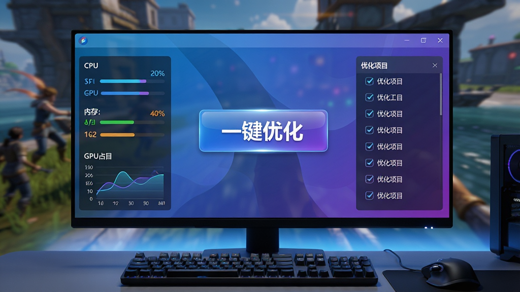 ���壺������Ļǰչʾ��Ϸ�Ż��������棬������������Ŀ�ġ�һ���Ż�����ť��������ɫ�ʷḻ��3A��Ϸ���档���֣���Ļռ�ݻ������ģ��������������ɼ����·��м��̺���ꡣ�Ű棺���������ʾCPU���ڴ桢GPUռ����ͼ�����Ҳ�Ϊ�Ż���Ŀ��ѡ�б�����񣺿Ƽ��б�ƽ����ƣ�����ɫ��������������ɾ�������ϸ�ڣ���ť���з����ʸУ�ͼ������������������Ϸ�����Դ���̬ģ�������ʣ�8K�����壬ϸ�ڷḻ���ɾ��޶���Ԫ�ء�