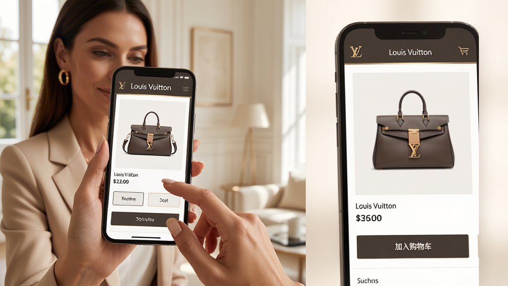���壺һλ�������ŵ�Ů������ʹ���ֻ����Louis Vuitton�ٷ�Ӧ�ù����ִ����ֻ���Ļ�Ŵ���ʾ��Ʒ����ҳ�����֣�Ů��λ�ڻ�����࣬�ֻ���Ļ����ͷ���Ҳ����пռ�չʾ��ƷͼƬ�͡����빺�ﳵ����ť�Ľ�����д���Ű棺�ֻ���������չʾ��Louis Vuitton��Ʒ��������Ʒͼ���۸���ѡ��ť��������Ƽ���ݻ������ʱ��������־��ҳ�������ůɫ����ͻ��������߶˸С�ϸ�ڣ�Ů����ָ�ᴥ��Ļ��ָ�׸ɾ�������Ϊ��Լ�����ڻ������������Ȼ�⡣���ʣ��߷ֱ��ʣ�ϸ�ڷḻ����ҵ��漶���ʣ��ɾ����޶���Ԫ�ء�