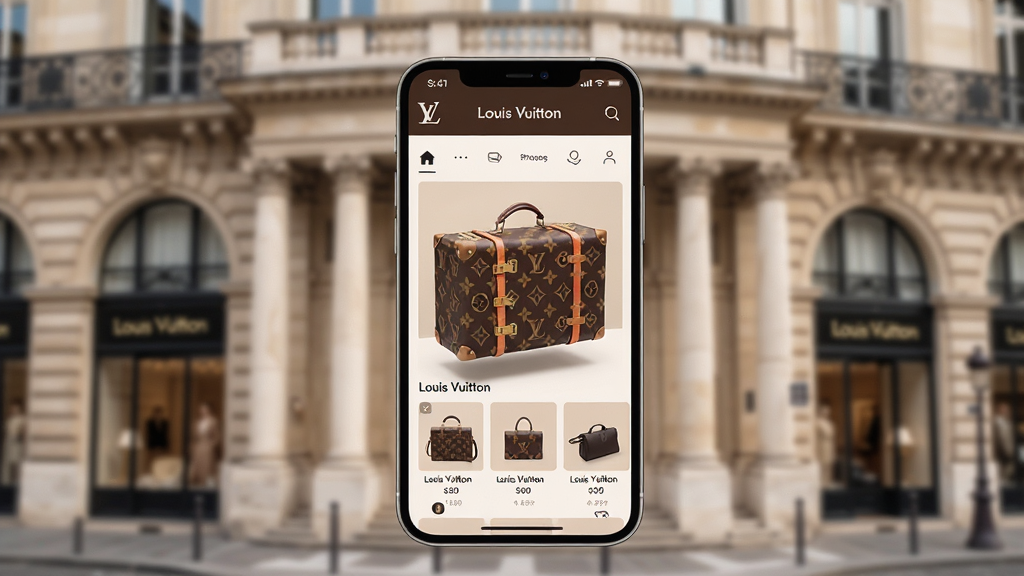���壺һ�������ֻ���ĻչʾLouis Vuitton�ٷ�Ӧ�õ���ҳ���棬����Ϊ�����������콢����ۣ���������������Ʒ�ƾ���Monogram���Ƶ������䡣���֣��ֻ�λ�ڻ�������ƫ�£���Ļ���������ɼ��������黯������ͻ���ֻ����档�Ű棺Ӧ�ý�����ʾ��Louis Vuitton��Ʒ��Logo�������˵��Ͳ�ƷչʾͼƬ�����ּ�����š���񣺸߼�ʱ����־����񣬹�����ͣ�ɫ������ɫ����ɫ����ɫΪ���������ݻ��С�ϸ�ڣ��ֻ���Ļ�����ϸ����󣬱�������ϸ�ھ��£����廭��ɾ���������ʣ�8K�����壬ϸ����������ҵ��Ӱ�����ʣ��ɾ����޶���Ԫ�ء�