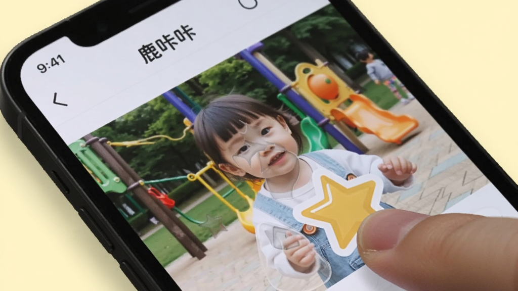 主体:手机屏幕上显示鹿咔咔软件的操作界面,手指正在拖拽贴纸。布局:手机占据画面中央,界面显示一张儿童照片,手指在屏幕右下角拖拽一个星星贴纸。排版:手机倾斜摆放,背景为淡黄色,有轻微阴影。风格:真实场景摄影,浅景深。细节:屏幕内照片是公园场景中的儿童,贴纸有半透明效果,手指自然。画质:干净,无多余元素。