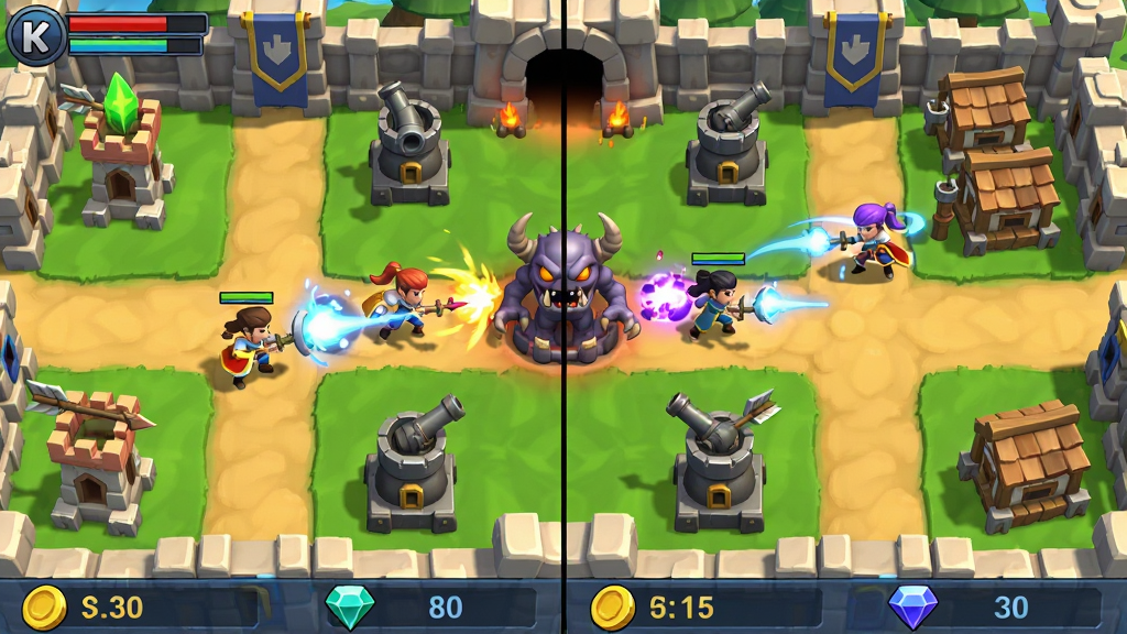 KR Battles ʵʱ��ս��ͼ��������ҷ����Կ��������������м����������ͱ�Ӫ����Ļ�����й�������㣬˫��Ӣ���ڸ��԰볡�ͷż��ܣ������·��н�Һͱ�ʯ������ʾ��UI��������ͨ��Ⱦ���ϸ�ڷḻ�����ʸ���ɾ����޶���Ԫ��