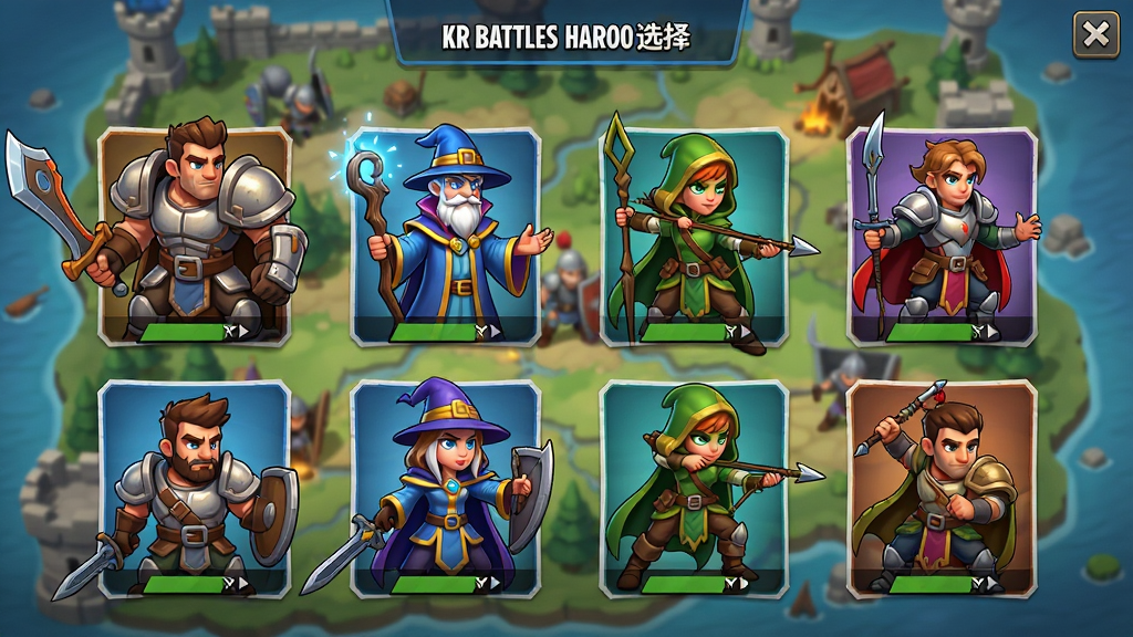 KR Battles Ӣ��ѡ����棬����Ӣ���������У�ÿ����ɫ�����������Ϳ��ף���սʿ����ʦ�����ֵ�ְҵ��������ս����ͼ������������UI��࣬��ͨ���ϸ�ڷḻ�����ʸ���ɾ����޶���Ԫ��