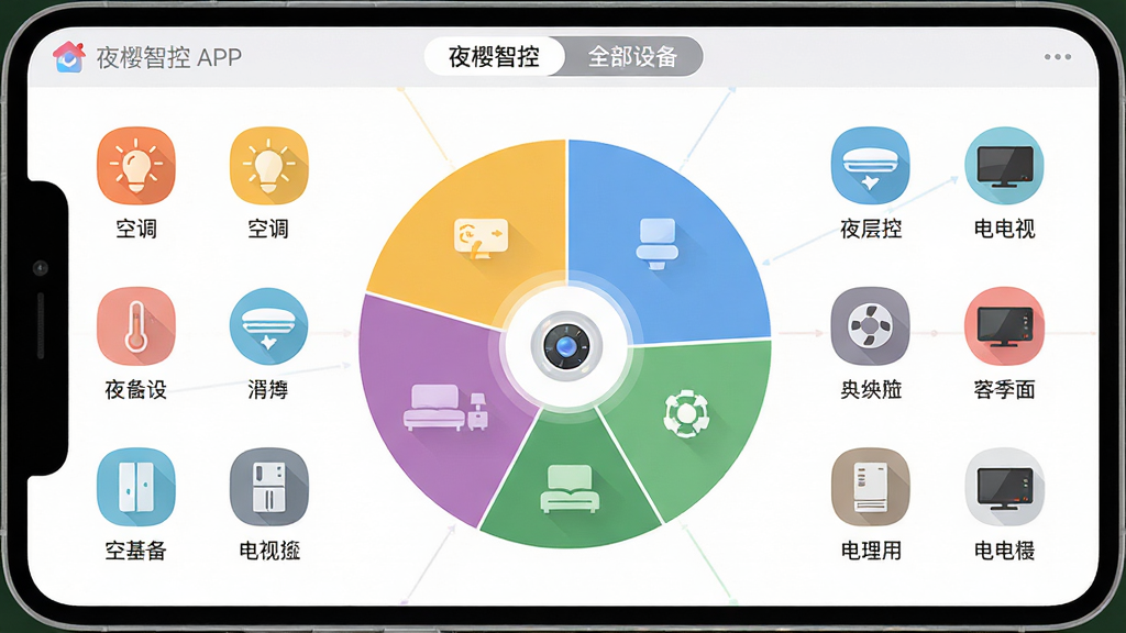 ���壺ҹӣ�ǿ�APP�豸�������棻���֣���������ΪԲ���豸����ͼ���ܱ����еƹ⡢�յ������ӵ�ͼ�ꣻ�Ű棺ͼ���������У�ÿ��ͼ���·���ע�豸���ƣ���񣺱�ƽ����ƣ�ɫ������������ϸ�ڣ���Ļ������ʾ��ҹӣ�ǿء��롰ȫ���豸����ǩ������ͼ�Բ�ͬ��ɫ���ַ��䣻���ʣ�����ϸ�壬�޶���Ԫ��