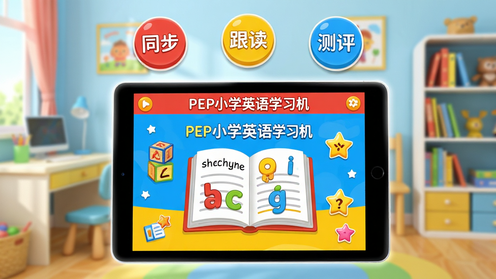 �������������õĶ�ͯ�鷿Ϊ����������Ϊһ̨��״̬��ƽ����ԣ���Ļ��չʾ�š�PEPСѧӢ��ѧϰ�����Ĳ�ɫ���棬��������һ��������Ӣ��α�����ͨ��ĸ�顢С���ǽ���ͼ�ꡣ���岼�ֲ������ĶԳƣ�ƽ���Ϸ�Ư���š�ͬ������������������������������ɫԲť���Ű����ƽ����ɫ���Ժ������ԭɫΪ����ϸ�ڰ�����Ļ��Ե����͸߹⣬���������ɾ����޶���Ԫ�ء�