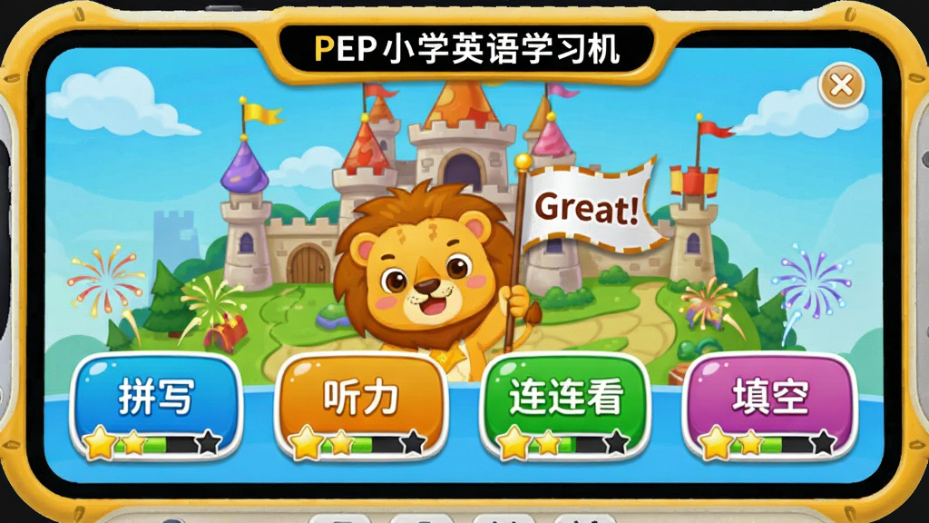 ���������ǡ�PEPСѧӢ��ѧϰ�����ĵ��ʴ��ؽ��棬����Ϊ��ͨ�Ǳ���ͼ��ǰ�����ĸ���ͬ��ɫ�Ĵ��ذ�ť��ÿ����ť�ϱ��С�ƴд������������������������������ա����������ֲ��ú������У��м���һֻ�ɰ��Ŀ�ͨʨ�ӽ�ɫ����д�С�Great!�������ġ��Ű���ã�ɫ�����ޣ�ϸ�ڰ�����ť�ϵ����ǽ��������̻���Ч�������������޶���Ԫ�ء�