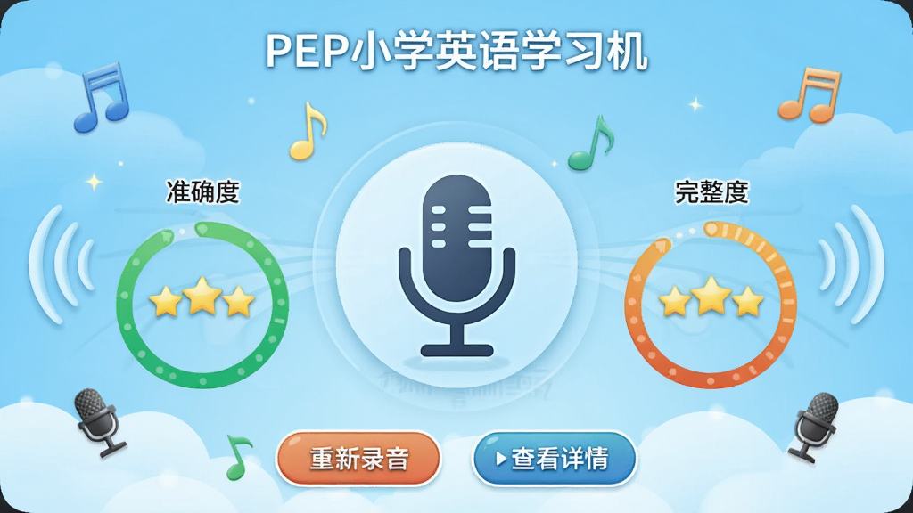 ͼƬ����Ϊ��PEPСѧӢ��ѧϰ����������������ҳ�棬������һ��������˷�ͼ�꣬��Χ�������������ֻ����ֱ��ע��׼ȷ�ȡ����������ȡ����������ȡ���ÿ��������ʾ�����������ײ�������¼���Ͳ鿴����İ�ť��������Ƽ��н��ͯȤ������Ϊǳ��ɫ���䣬ϸ�ڰ���Ʈ���������ͻ�Ͳ�������ƣ����ʸɾ����޶���Ԫ�ء�