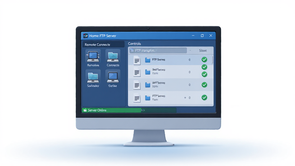 ���壺һ̨������Home FTP Server�����Windows���ԣ���Ļ��ʾ����FTP��������̨�����֣����ΪԶ���豸����ͼ�꣬�Ҳ�Ϊ�ļ������б����Ű棺������Ծ��У��������ף����·�����͵Ĺ��߹��ɡ���񣺱�ƽ������΢3D�ʸУ��Ƽ�����ɫ����ϸ�ڣ��ļ������б�������ɫ�Թ���ʾ��ɣ��ײ��С�Server Online��״̬�������ʣ����壬�ɾ����޶���Ԫ�ء�