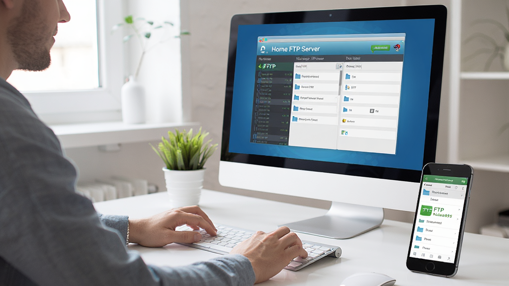 ���壺һλ�û����ڵ���ǰ����Home FTP Server���Ա߷����ֻ���ʾFTP���ӳɹ������֣��û�λ����࣬������Ļ���ֻ�λ���Ҳࡣ�Ű棺��������������̨���ࡣ���дʵ�����շ����Ȼ�⡣ϸ�ڣ�������Ļ��ʾHome FTP Server�����棬�ֻ���Ļ��ʾ�ļ��б������ʣ����壬�ɾ����޶���Ԫ�ء�