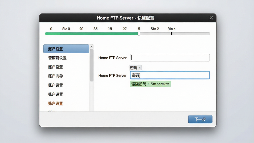 ���壺Home FTP Server�����򵼽��棬��ʾ�������������ǰ���ڡ��˻����á����衣���֣�������У����Ϊѡ���б����Ҳ�Ϊ������Ű棺�򵼶Ի���λ�ڻ������ģ�����Ϊ��͵�ǳ��ɫ���䡣��񣺸ɾ���ˬ��UI��ƣ��ִ���ǿ��ϸ�ڣ����������������ɫǿ������ʾ���ײ��С���һ������ť����������ʾ��Home FTP Server - �������á������ʣ��������ȣ��޶���Ԫ�ء�