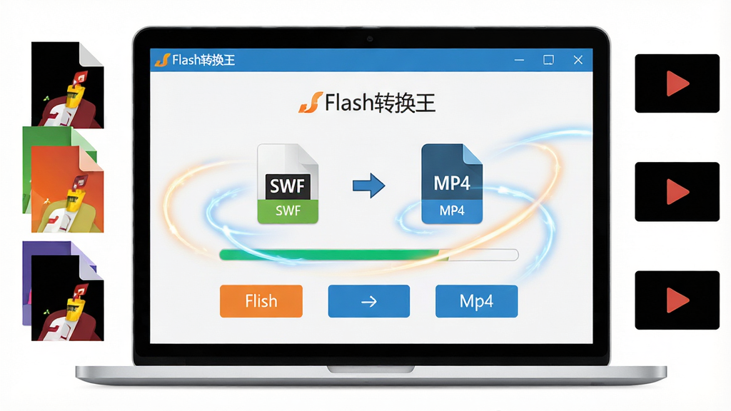 ���壺һ̨�ʼǱ�������Ļ��ʾFlashת���������棬��������SWF�ļ�ͼ������ת��ΪMP4ͼ�꣬�Ա��н����������֣����Ծ��У����ѵ�������ɫFlash�ļ�����ͼ���Ҳ���ʾת�������Ƶ�ļ�ͼ�ꡣ�Ű棺�������������ܰ�ť��Ŀ������ִ���ƽ����ƣ�ɫ��������ϸ�ڣ���Ļ����ʾ�������ơ�Flashת������������ת�������������Ķ�̬��Ч�����ʣ����壬�ɾ����޶���Ԫ�ء�