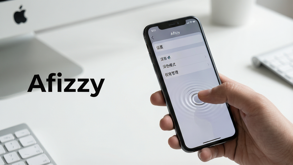 ���壺һֻ�������ֻ�ʹ�á�Afizzy��Ӧ�ã���Ļ��ʾ���ò˵������֣��ֻ�λ�ڻ�������ƫ�ң�������ײ��С�Afizzy������ˮӡ���Ű棺�ֻ���Ļ���������ɼ���չʾ�����á�������ɫģʽ������Ȩ�޹�������ѡ����ʵ����Ƭ��񣬻�������ͣ�����Ϊ��Լ�İ칫����ϸ�ڣ���Ļ������Ȼ����ָ���λ������΢������Ч�����ʣ�����ϸ�ڣ�����Ч����ɫ������ɾ������