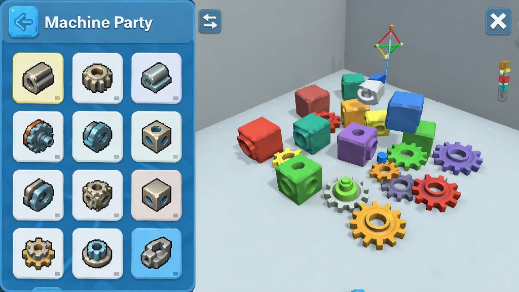 Machine Party零件选择界面,屏幕左侧竖向排列着各种机械零件图标,右侧为3D建造区域,地面上散落着不同颜色的方块和齿轮,界面设计简洁直观,色彩明快,画质细腻,干净无多余元素