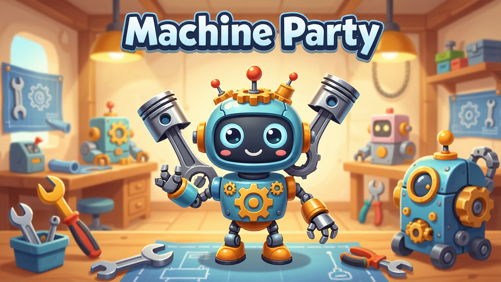 Machine Party游戏主界面预览图,展示色彩鲜艳的机械工坊场景,中央有一个由齿轮、活塞和金属零件组成的可爱机器人,周围环绕着各种建造工具和半成品机械,背景是明亮温馨的车间,整体风格卡通而精致,画质清晰,干净无多余元素,文字标注“Machine Party”