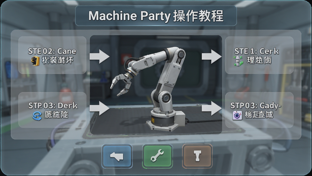 Machine Party操作教程界面,屏幕中央显示一个机械臂的组装过程,周围有箭头指示操作步骤,底部有虚拟按键,背景为半透明的教学面板,文字清晰,画质干净,无多余元素