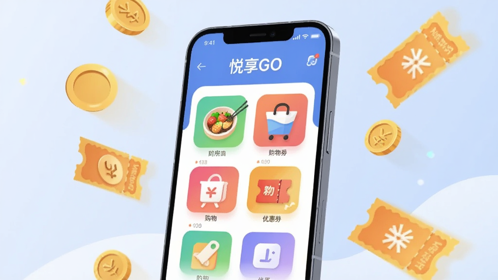 ��������Ϊһ�������ֻ���Ļ����Ļ��������ʾ������GO��APP���棬����������ʳ������Ż�ȯ�Ȳ�ɫͼ�꣬����Ϊ��͵�ǳ��ɫ���䣬���岼�ֲ��þ��й�ͼ���ֻ�΢΢��б����ΧƯ���Ž�Һ��Ż�ȯԪ�أ���ƽ���廭���ϸ�ڷḻ�����ʸɾ����޶���Ԫ�ء�