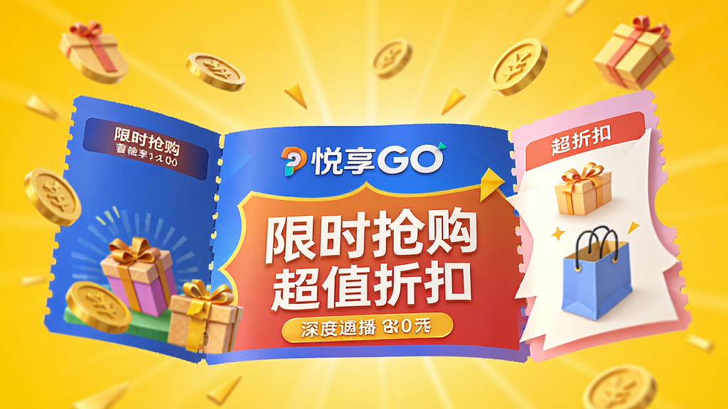 ��������Ϊһ��չ���Ĳ�ɫ�Ż�ȯ��ȯ��ӡ�С�����GO��Ʒ�Ʊ�־�͡���ʱ������������ֵ�ۿۡ�����������Χɢ���Ž�ҡ���к͹����ͼ�꣬���岼��Ϊ�Ż�ȯ���У�����Ϊ�����Ļ�ɫ���䣬����3D��Ⱦ��񣬹�Ӱϸ�壬���ʸɾ����޶���Ԫ�ء�