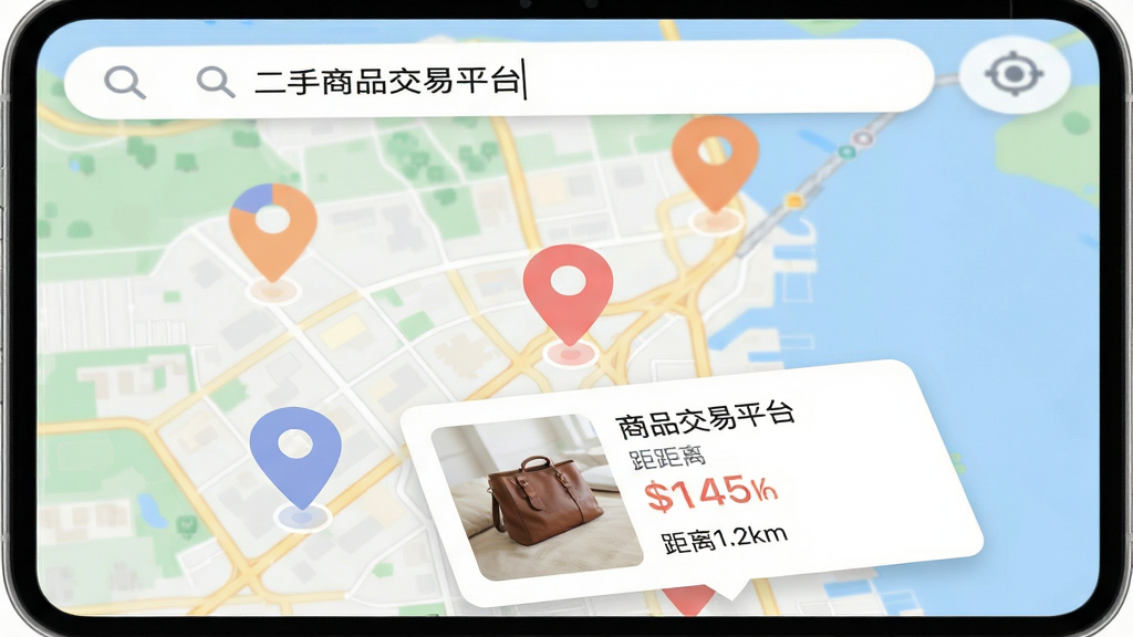 ���壺�ֻ���ͼ������ʾ�����Ʒ��ǵ㣬����һ����ǵ㵯����Ʒ���鿨�����֣���ͼռ����Ļ����Ʒ�������ڵײ����Ű棺��ǵ���Բ��ͼ����ʽ����Ʒ����ʾͼƬ���۸񡢾��룻��񣺱�ƽ����ͼ���ɫ����ͣ�ϸ�ڣ���ͼ�Ϸ������������롰������Ʒ����ƽ̨������Ʒ����ע������1.2km�������ʣ��߷ֱ��ʣ��ɾ����޶���Ԫ��