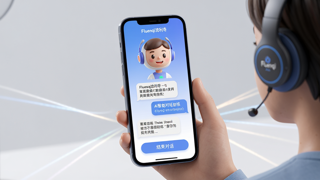 ���壺Fluenqi������App�ġ�AI���ܶԻ����������ܽ��棬ǰ����һλ���Ŷ������û��������ֻ�˵�����ֻ���Ļ��չʾ��AI����Ի���ɫ�Ŀ�ͨͷ��ͶԻ����ݡ����֣��ֻ�Ϊ�Ӿ����㴦�ڻ������룬AI��ɫͷ��λ����Ļ�Ϸ����·�Ϊ�Ի��ı��͡������Ի�����ť���û��ֲ���Ȼ�����ֻ����Ű棺�������½ṹ�������Ի��������ҷ����������Ӿ������ߴ��ֻ���Ļ������䡣��񣺸ɾ�������3D��Ⱦ���ɫ�����£�����Ϊ��͵�ǳ��ɫ�����һ�����ϸ�ڣ��ֻ���Ļ�ϵĶԻ����ݰ�����Ӣ�Ķ��գ����С�Fluenqi�����桱��Ʒ�Ʊ�ʶ��AI��ɫ�����Ѻá����ʣ������壬ϸ�壬�ɾ����޶���Ԫ�ء�