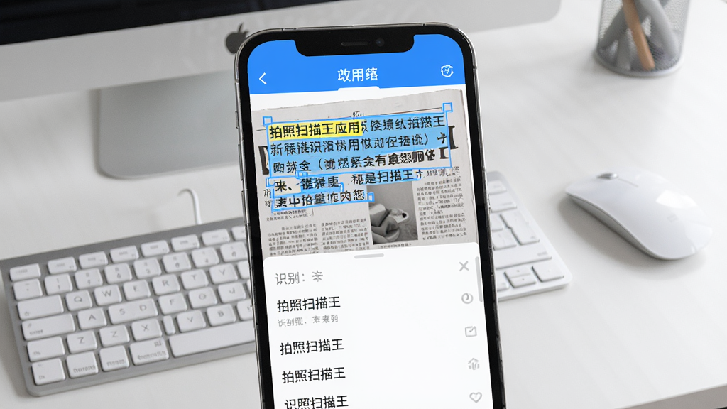 ����ɨ����Ӧ������ʶ��һ�ű�ֽ�ϵ����֣���Ļ�����ֱ�������ѡ���·���ʾʶ�����б�������Ϊ���칫���棬�м��̺���꣬������������ɫΪ��������ִ�������������ϸ�ڵ�λ���ɾ��޶���Ԫ��