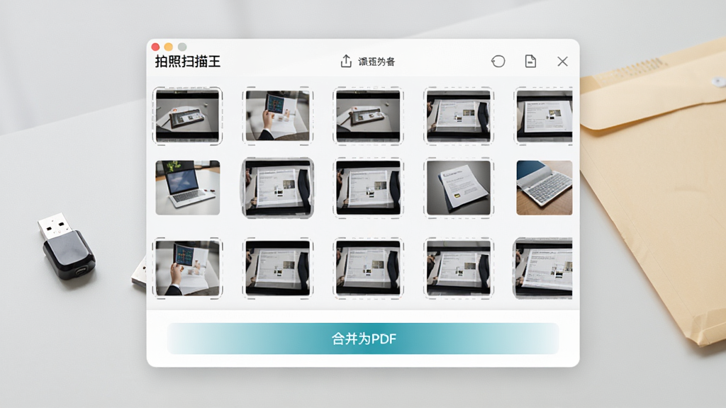 ����ɨ����Ӧ�ý�����ʾ����ɨ��ͼƬ����ͼ���ײ��С��ϲ�ΪPDF����ť������Ϊǳ��ɫ���棬��U�̺��ļ����������࣬��ť�����ɼ���������񣬻��ʸ��壬�ɾ��޶���Ԫ��