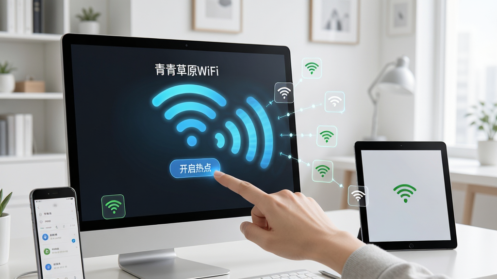 չʾ�û���ָ���������Ļ�ϵġ������ȵ㡱��ť����Ļ˲�䵯��WiFi�ź���ɢ�Ķ�����Ч����Χ���ֻ���ƽ���豸�Զ����ӳɹ���ͼ����ʾ������Ϊ�ִ���Լ�鷿����������������ͣ����幹ͼͻ����һ���������ı�ݸУ���������������ԭWiFi�����������ʸ���ɾ�