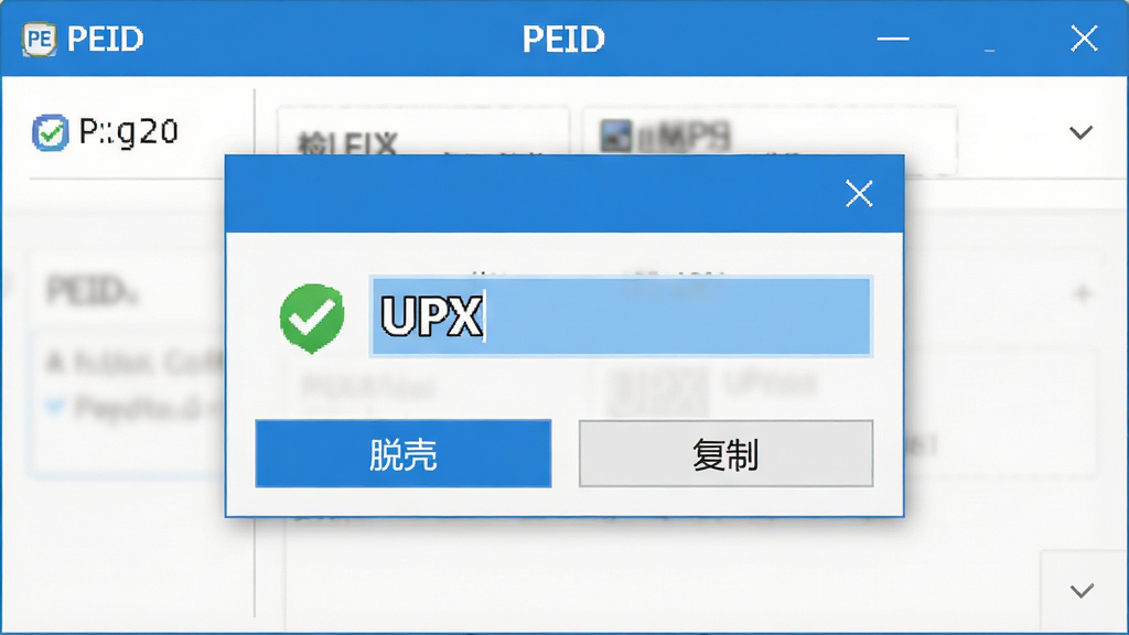 ���壺��PEID��������ǹ�����ʾ���棬��Ļ����ʾ�����Ŀ����ơ�UPX�������֣������е���һ������Ի��򣬸�����ʾ�������Ű棺�Ի����࣬�·��С��ѿǡ������ơ���ť����񣺱�ƽ����ƣ�������ɫ��ϸ�ڣ����涥���С�PEID�������������������ɫ�Թ�ͼ�ꡣ���ʣ��������ȣ��޶���Ԫ�ء�