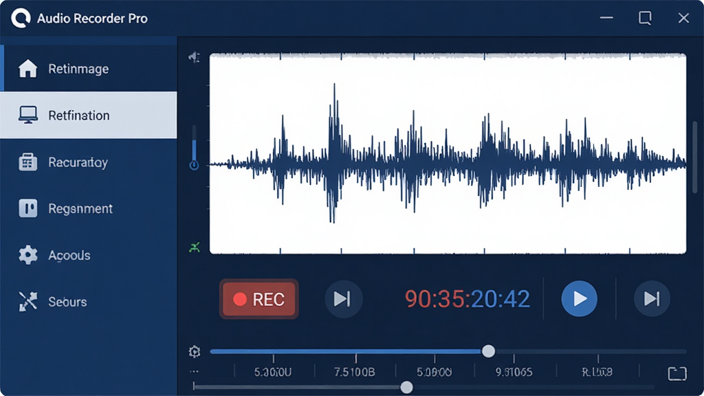 ���壺Audio Recorder Pro���������棬չʾ¼��������ʱ���᣻���֣���๦�ܲ˵����Ҳ�¼��������壻�Ű棺�����ֲ㣬����ͼ���������У�����ִ���ƽ����ƣ��������ɫΪ��ɫ����ϸ�ڣ�������ʾ��REC����ɫ��ť�����ζ�̬�����ʱ�������������ʣ�4K���壬�ɾ��޶���Ԫ��
