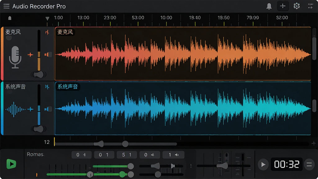 ���壺Audio Recorder Pro���¼�����棬��ʾ������ɫ���ι�������֣�����˫�죬�ײ�Ϊ�������������Ű棺�����ǩ������ʱ����̶Ⱦ�ȷ�������ɫ��������������Σ�ϸ�ڣ���ע����˷硱�͡�ϵͳ���������������¼�ƶ�ʱ����ʾ00:32�����ʣ����壬�޶���Ԫ��