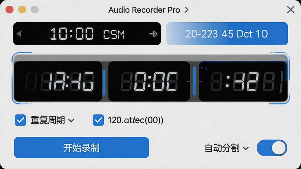 ���壺Audio Recorder Pro��ʱ������壬��ʾʱ��������ѡ����֣�����Ϊʱ���趨���ڣ��·�Ϊ�ظ����ڸ�ѡ���Ű棺������ˣ����������ͻ�������ǳ�ұ���������ɫǿ��ɫ��ϸ�ڣ���ʾ����ʼ¼�ơ���ť�͡��Զ��ָ���أ����ʣ����壬�޶���Ԫ��